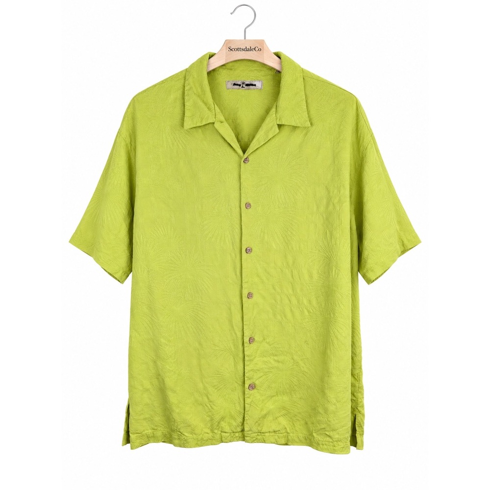 Tommy Bahama Camp Shirt Mens Large Lime Green 100% Silk Jacquard Palm Leaf Aloha
